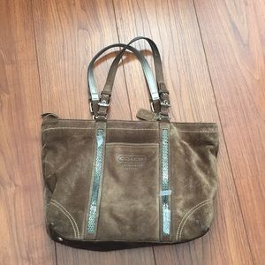 Coach brown suede w metallic accents handbag